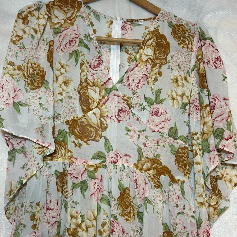 Petal Lush Old Style Sheer Floral Maxi Dress Low V-Neck Flowy Sleeve Size Medium